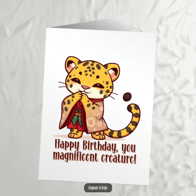 Funny Free Printable Birthday Card: A proud jaguar in a bold kimono performs a graceful bow, tail curled elegantly.