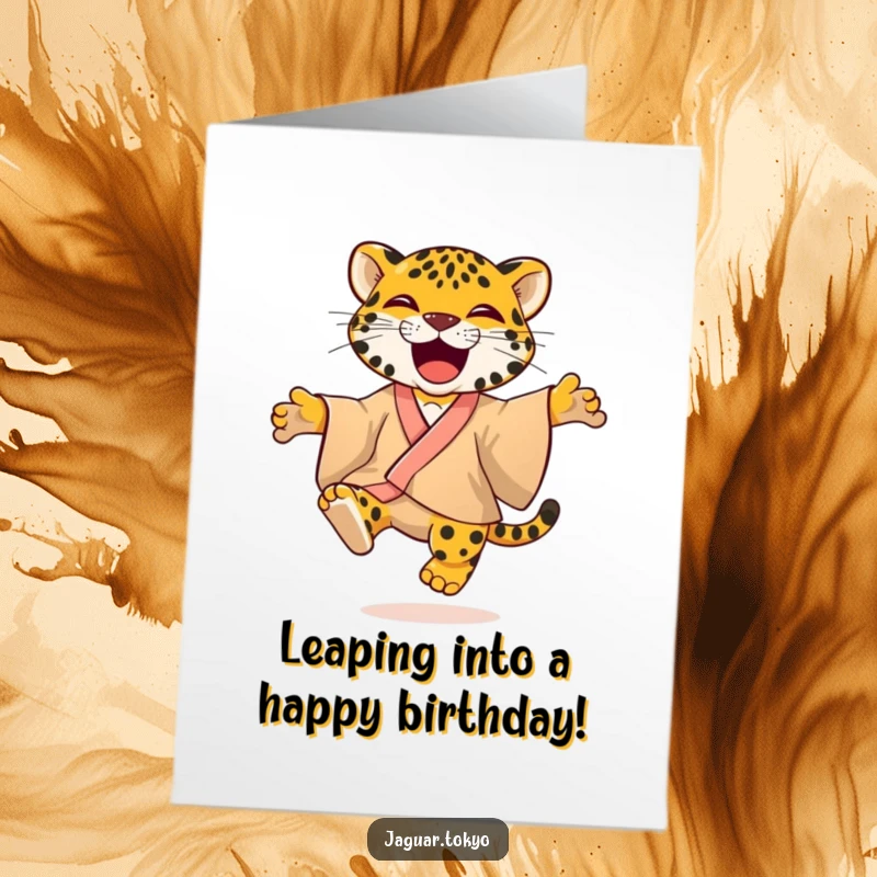 Playful Free Printable Birthday Card: A jaguar in a brightly colored kimono jumps with pure glee and energetic happiness.