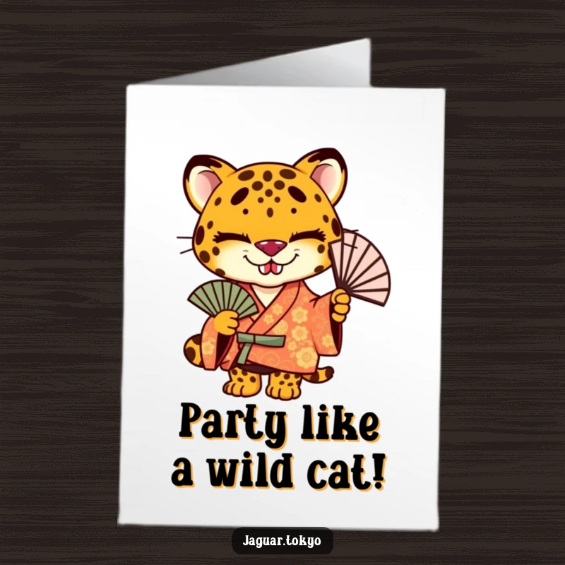 Funny Free Printable Birthday Card: A jaguar with a mischievous grin wears a vibrant kimono and holds a fan.