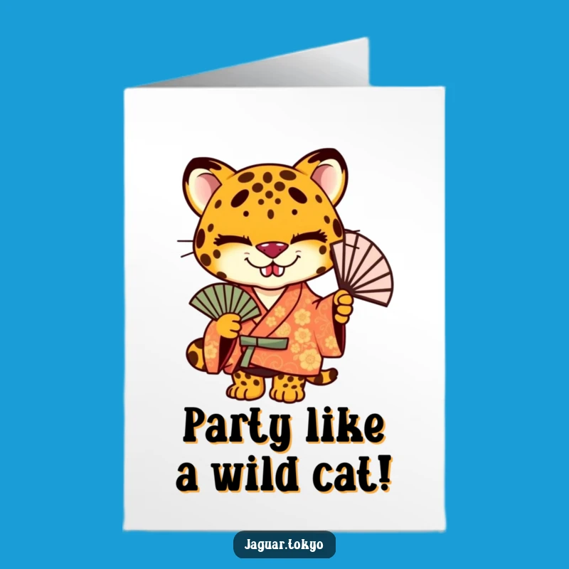 Free Printable Birthday Card: Mischievous Jaguar Kimono, Funny Downloadable Gift for Fiesta Lovers