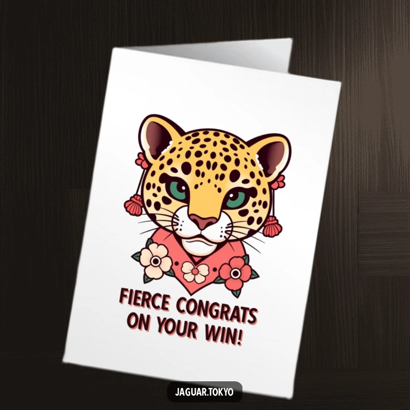 Funny Free Printable Congratulations Card: Stylized jaguar head with a vibrant floral kimono collar and statement earrings.