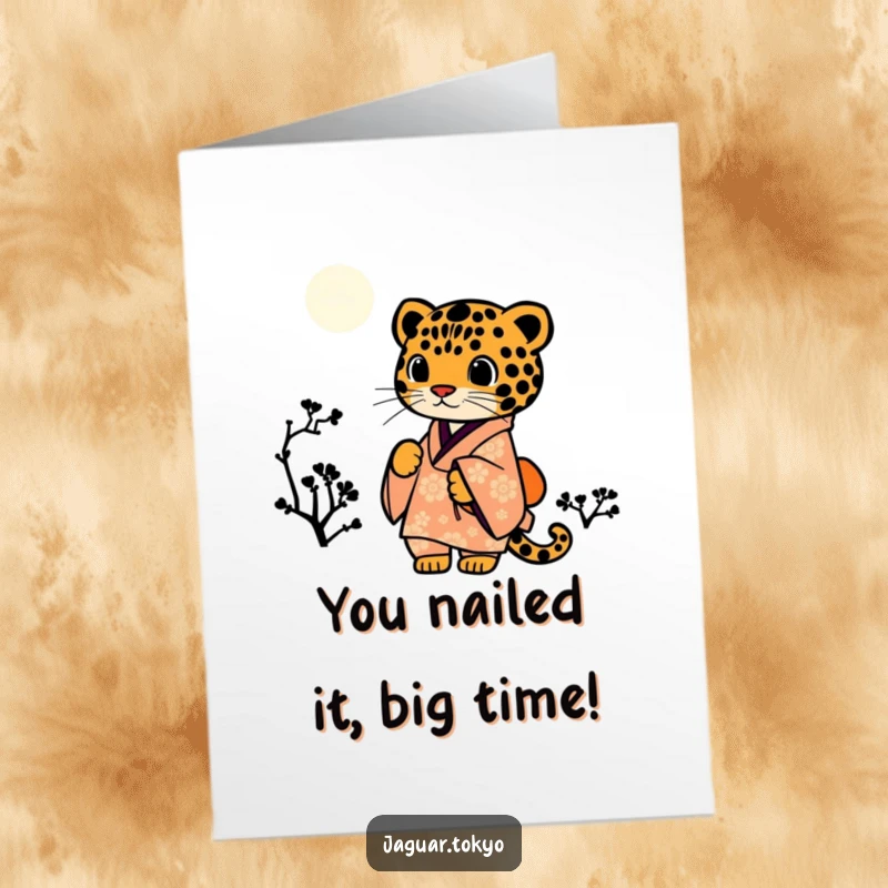 Funny Free Printable Congratulations Card: Elegant jaguar in a kimono under a starry night, celebrating success.