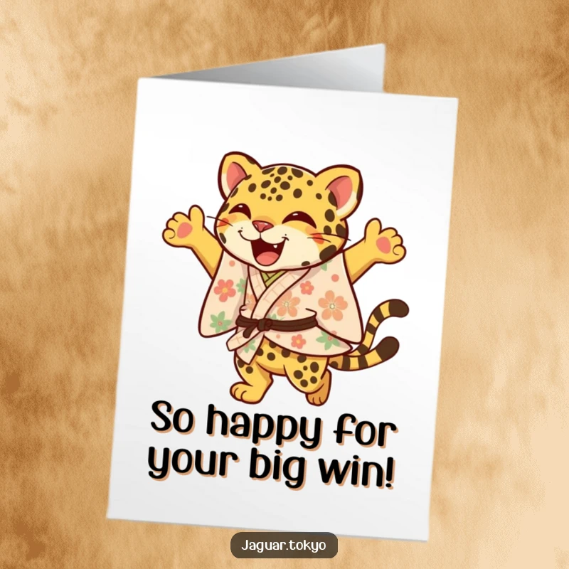 Funny Free Printable Congrats Card: A joyful jaguar in a floral kimono leaps with an elegant flourish, celebrating your success.
