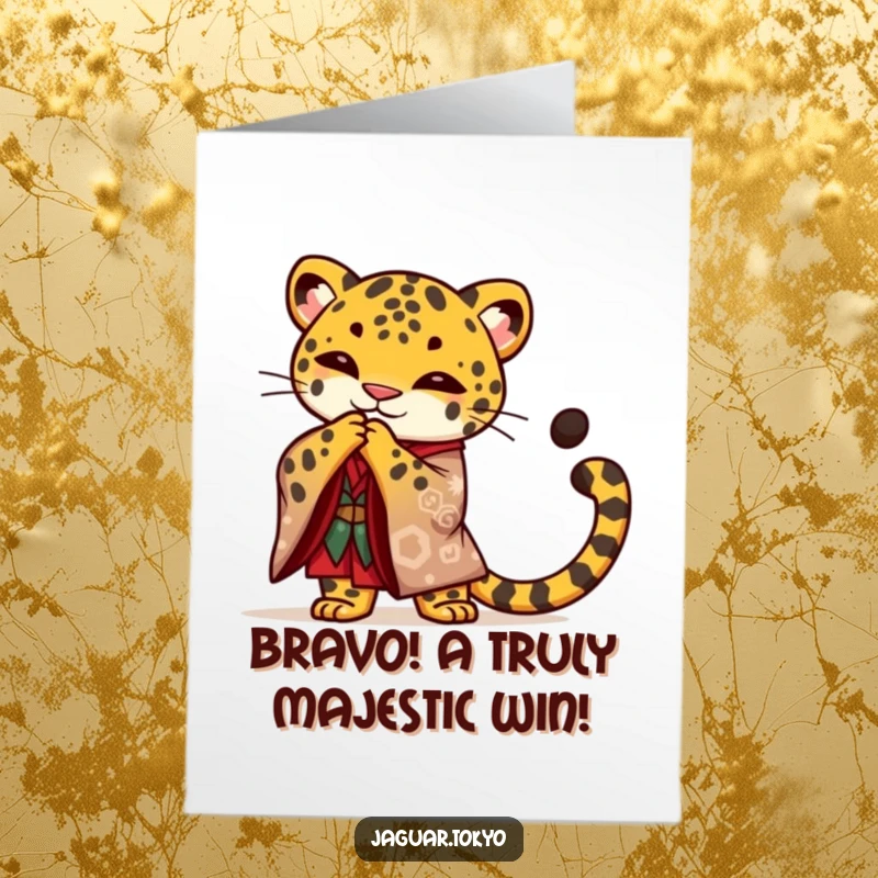 Funny Free Printable Congrats Card: A proud jaguar in a bold kimono bows gracefully, tail curled, celebrating your victory.