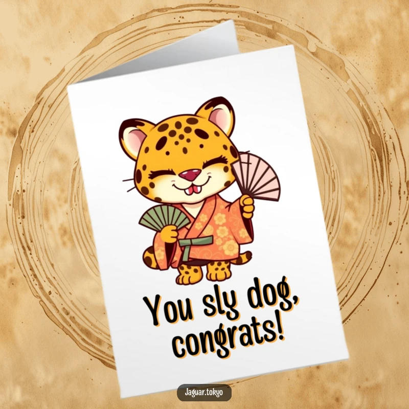 Funny Free Printable Congrats Card: A jaguar with a sly grin in a patterned kimono holds a fan.