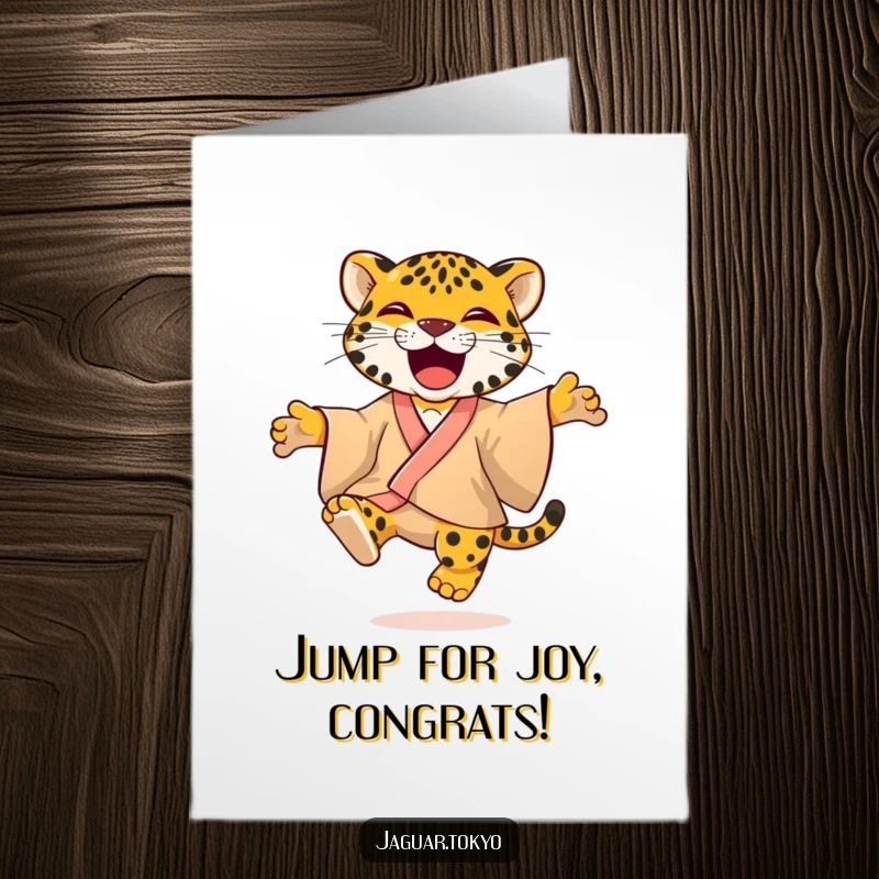 Playful Free Printable Congratulations Card: A jaguar wearing a vibrant kimono jumps high with pure glee, cheering for success.