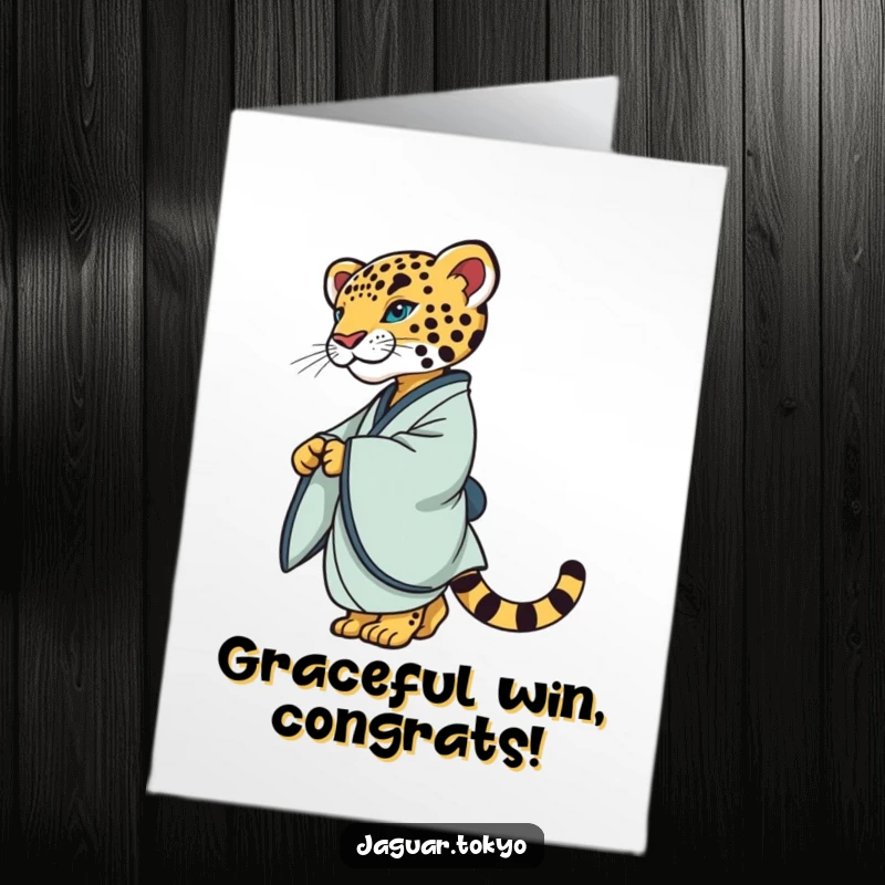 Elegant Free Printable Congratulations Card: A jaguar wearing a refined kimono gracefully twirls, celebrating a wonderful achievement.