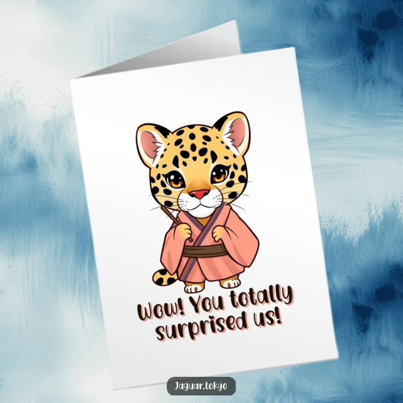 Funny Free Printable Congrats Card: A curious jaguar in a striped kimono peers through a fan, celebrating your achievement.