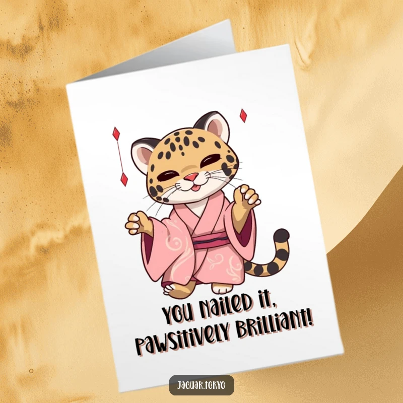 Funny Free Printable Congrats Card: A sleek jaguar in a silken kimono playfully bats at dangling threads, celebrating your achievement.