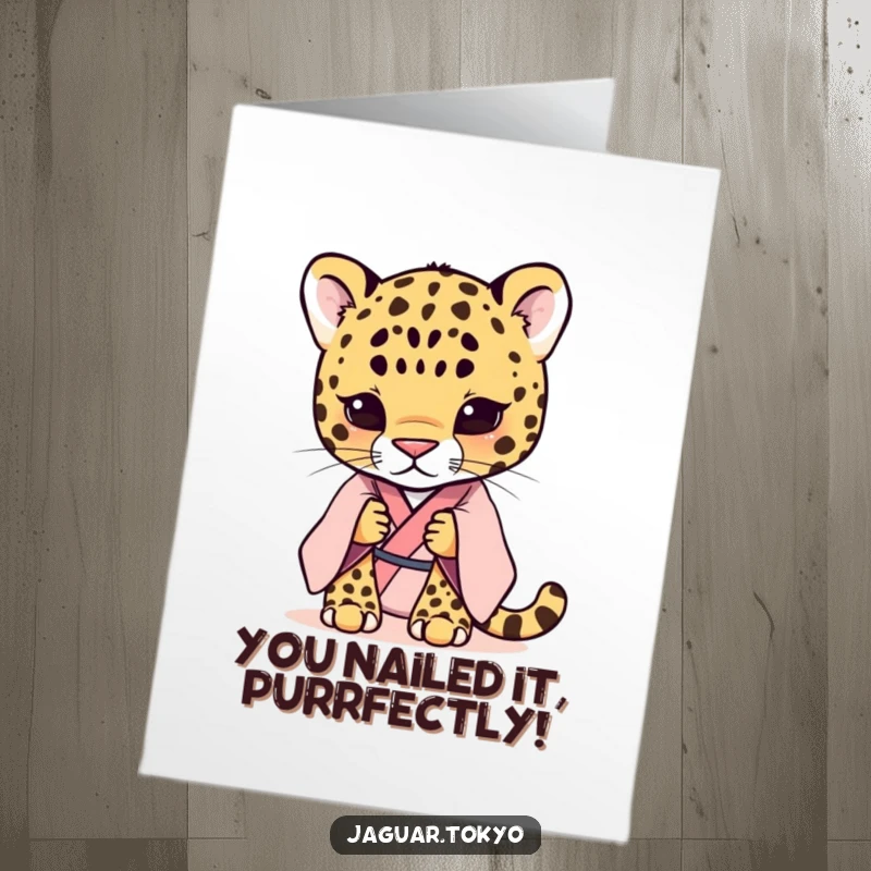 Funny Free Printable congratulations card showing a shy jaguar in a pastel kimono, offering a gentle bow of success.