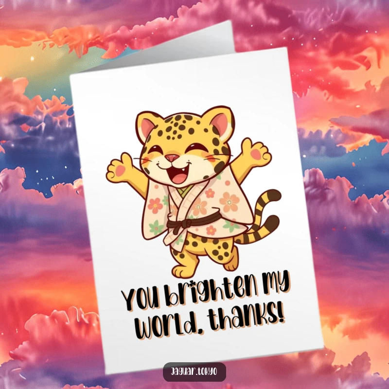 Funny Free Printable Thank You Card: A joyful jaguar in a floral kimono leaps with an elegant flourish, showing heartfelt thanks.