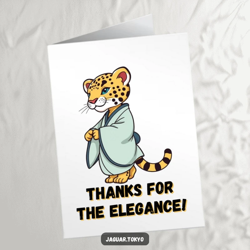 Elegant Free Printable Thank You Card: A jaguar in a simple, refined kimono gracefully twirls to express sincere thanks.