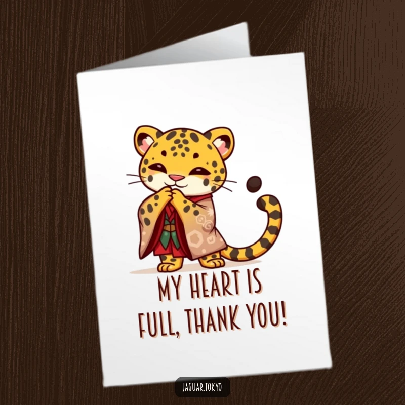 Funny Free Printable Thank You Card: A proud jaguar in a bold kimono bows deeply, tail curled, expressing sincere thanks.