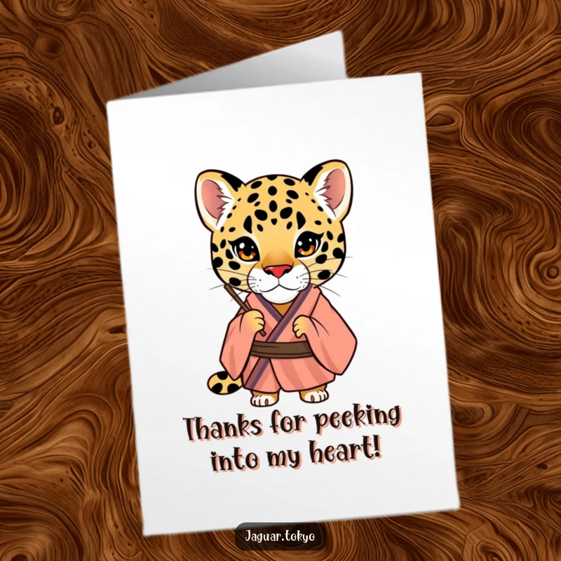 Funny Free Printable Thank You Card: A curious jaguar in a striped kimono peers through a fan, showing thanks with intrigue.