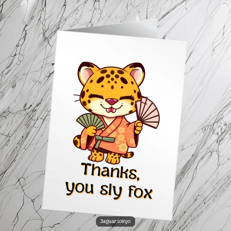 Funny Free Printable Thank You Card: A stylish jaguar in a vibrant kimono sports a mischievous grin.