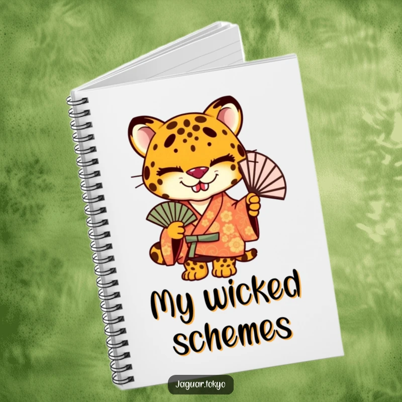 Funny jaguar notebook, featuring a stylized jaguar in a kimono holding a fan with a mischievous smirk.