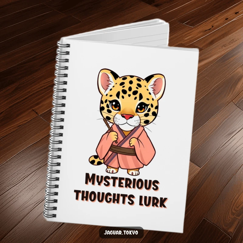 Funny Jaguar Notebook, a curious jaguar in a striped kimono peers through a fan, ideal for journaling with intriguing humor.