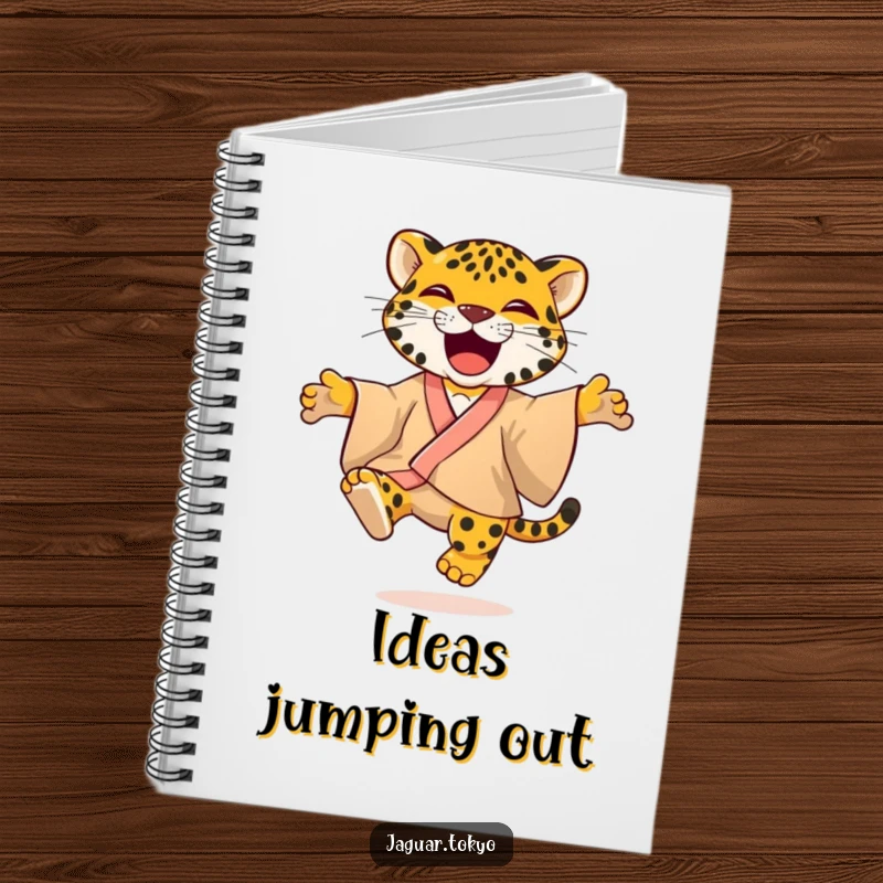 Playful Notebook with a jaguar in a colorful kimono, jumping with glee, ideal for recording ideas with vibrant feline energy.