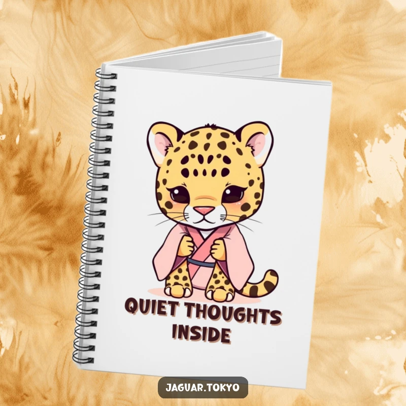 Funny shy jaguar in a pastel kimono, looking thoughtful, featured on a pastel notebook. Journaling fun.