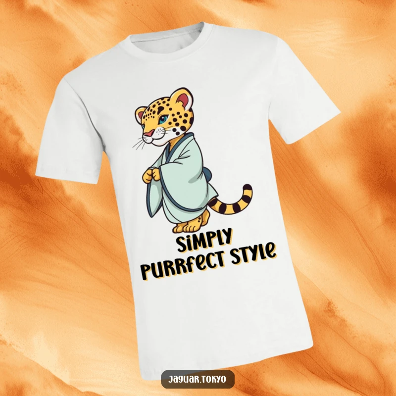 Elegant T-Shirt showcasing a refined jaguar in a simple kimono, captured mid-twirl with sophisticated feline grace and poise.