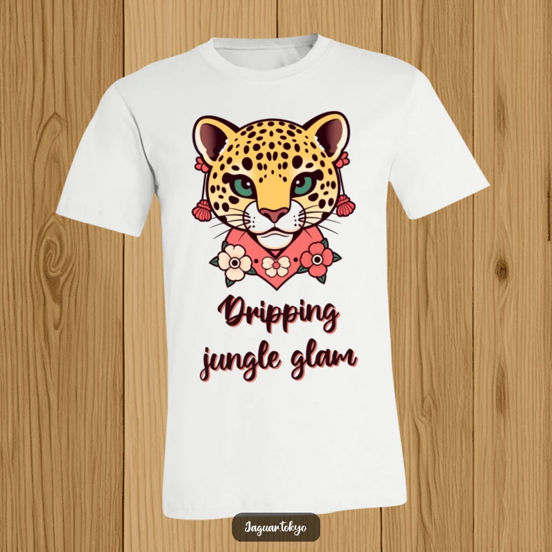 Funny Floral Jaguar Head Kimono T-Shirt with a stylized jaguar head, decorated with a floral kimono collar and earrings.