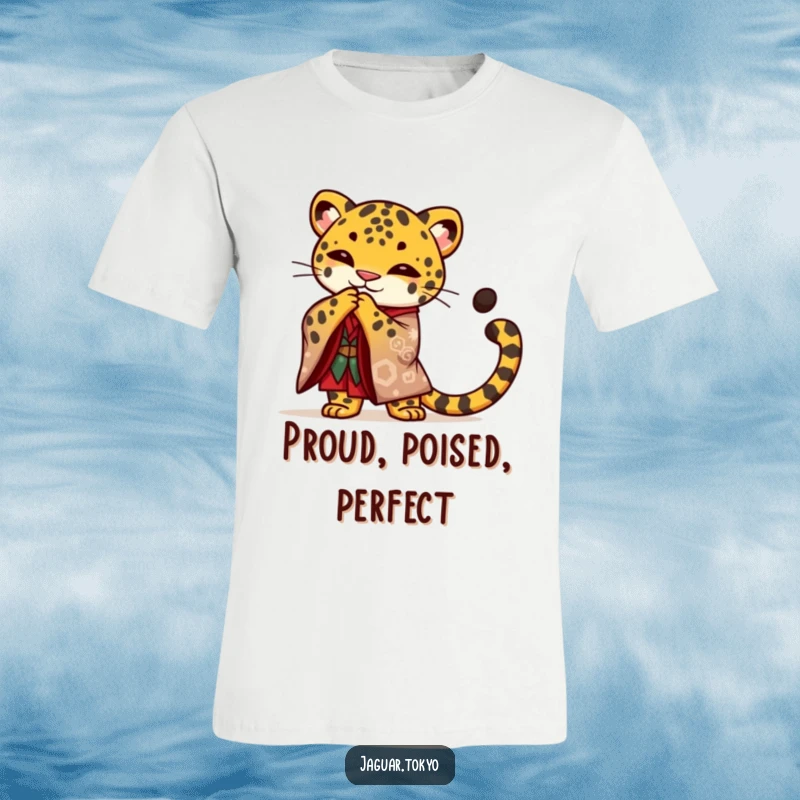 Funny Jaguar T-Shirt, a proud jaguar in a bold kimono performs a graceful bow with its tail curled, embodying elegance and pride.