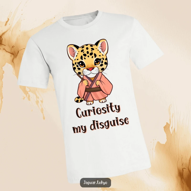 Funny Jaguar T-Shirt, a curious jaguar in a striped kimono peers through a traditional fan, embodying a sense of playful mystery.