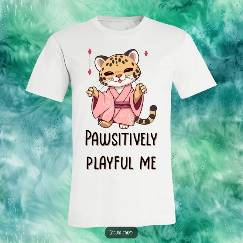 Funny Jaguar T-Shirt, a sleek jaguar in a silken kimono is playfully batting at loose threads, showcasing elegance and fun.