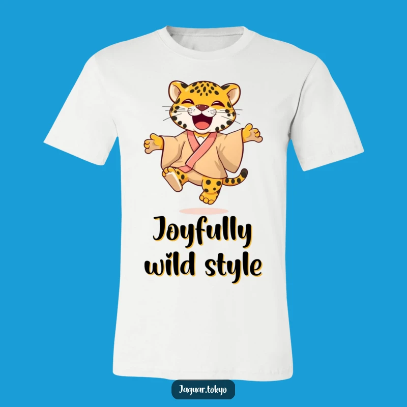 Playful Jaguar Kimono T-Shirt: Vibrant Feline Jumping with Glee Design
