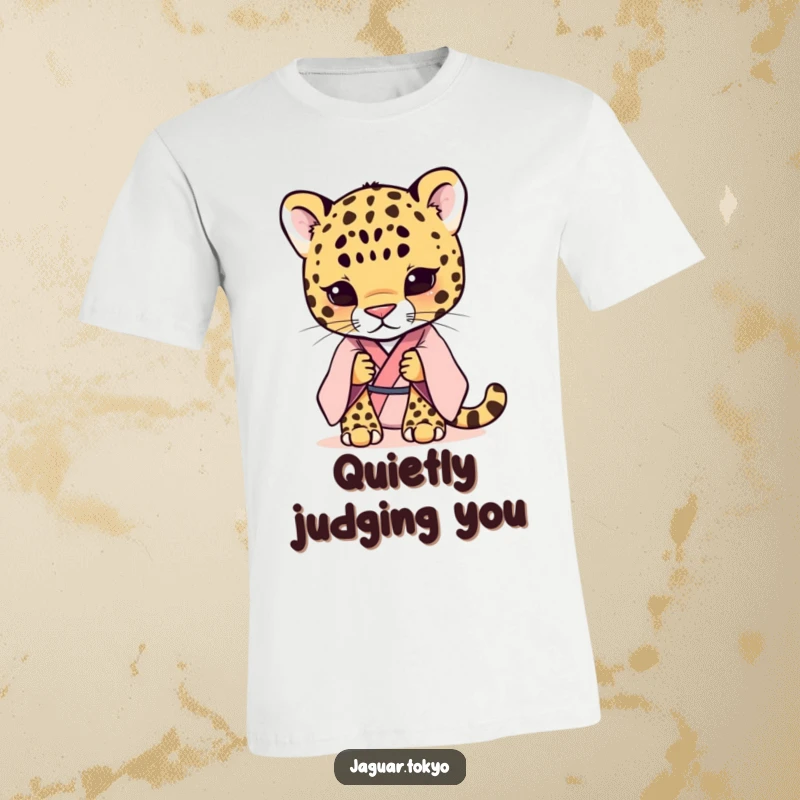 Funny shy jaguar wearing a pastel kimono, looking shy and serene on a comfortable t-shirt. Adorable animal graphic.