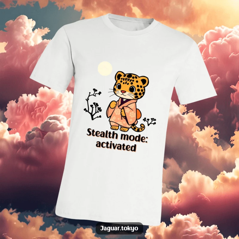 Funny Jaguar Kimono T-Shirt featuring a silhouetted jaguar in traditional wear against a beautiful starry night.