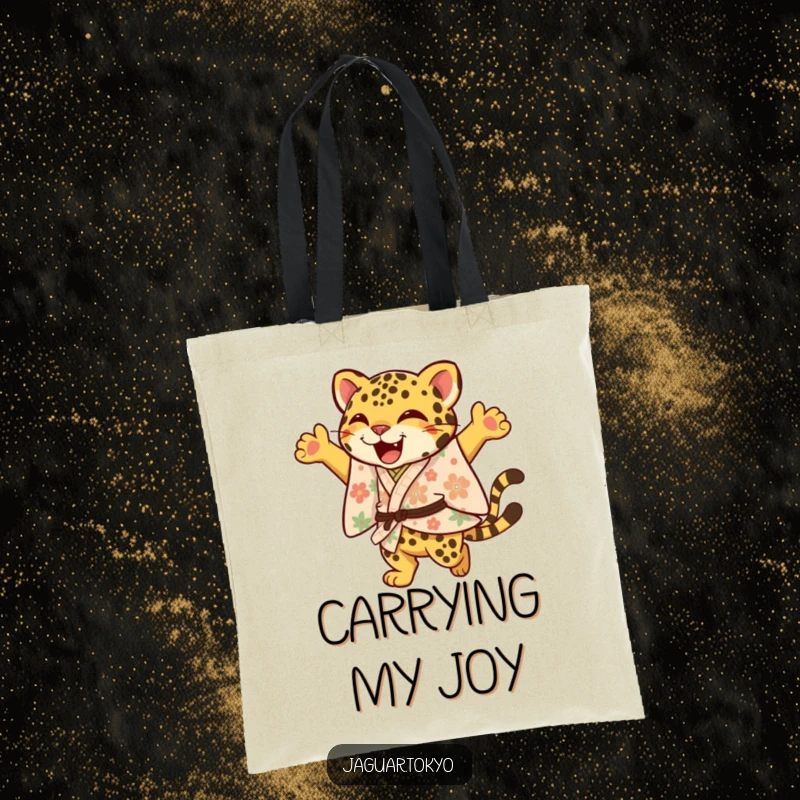 Funny Jaguar Tote Bag, a joyful jaguar in a floral kimono leaps with an elegant flourish, ideal for carrying items with energy and humor.