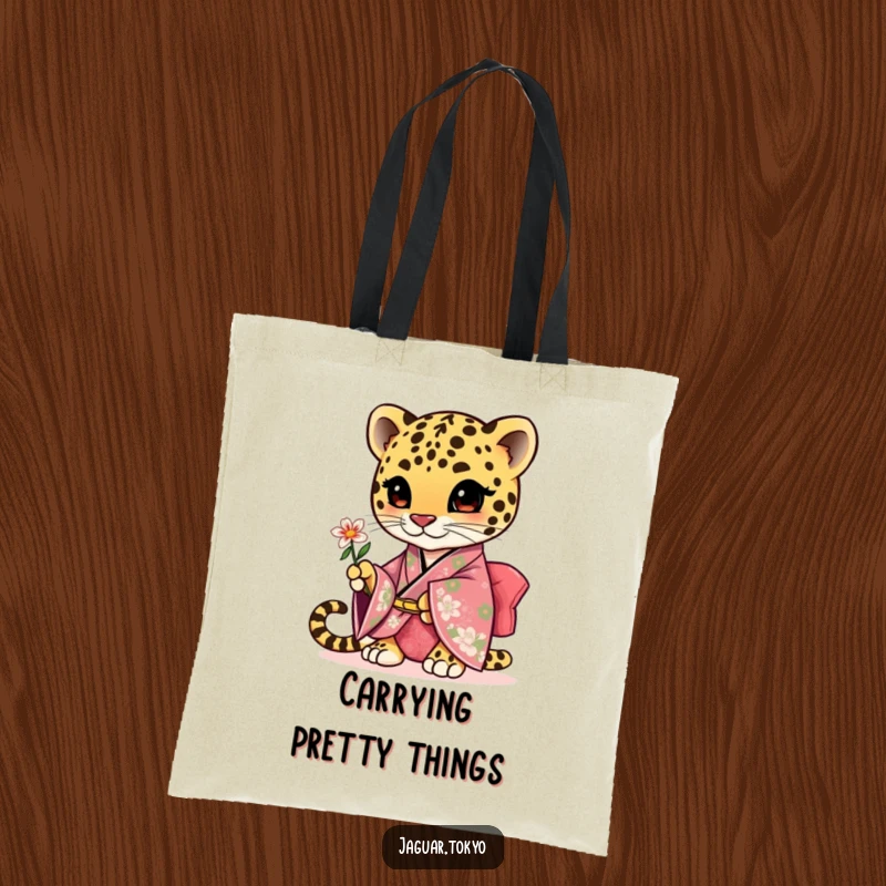 Funny cute jaguar tote bag, an adorable jaguar in a floral kimono presenting a small flower gracefully.