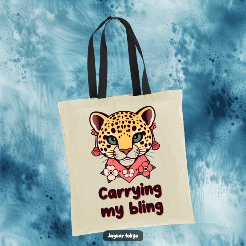 Funny Floral Jaguar Head Kimono Tote Bag featuring a striking stylized jaguar head with floral kimono collar and earrings.