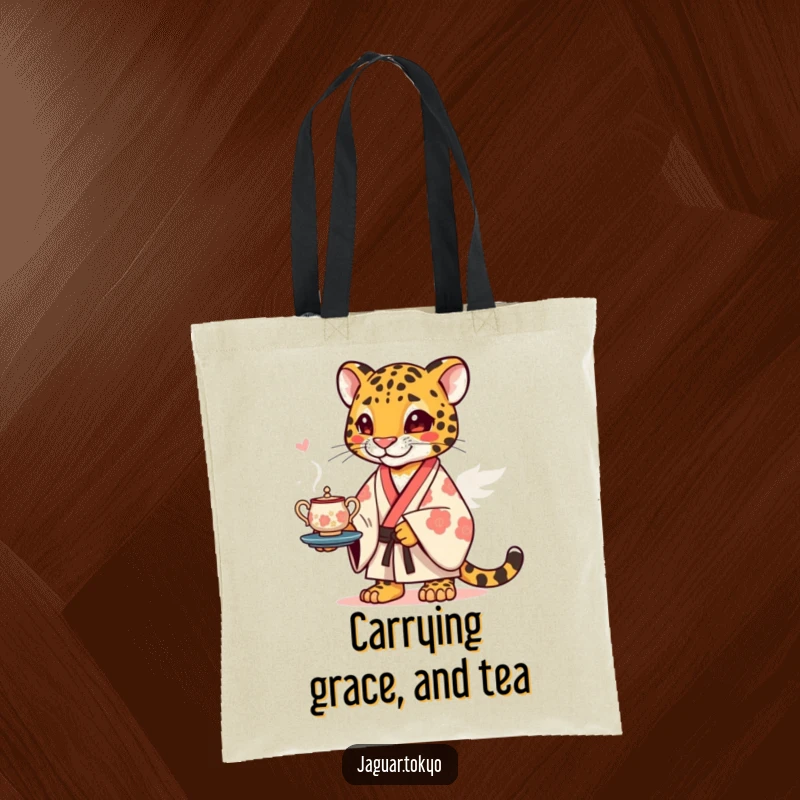 Funny Tote Bag featuring a charming jaguar wearing a kimono, precariously balancing a stylized tea set, ideal for stylish shopping.
