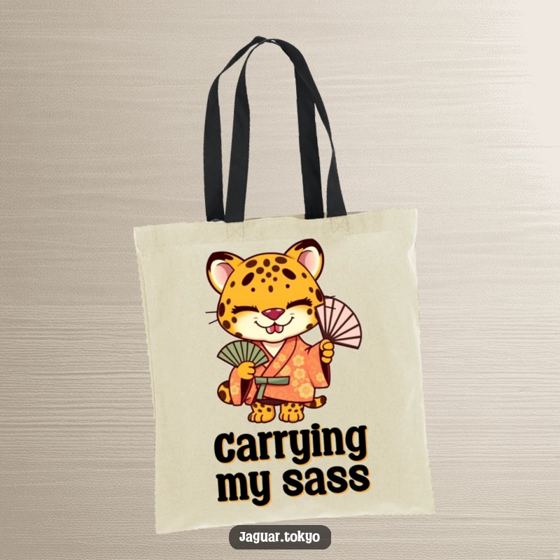 Funny jaguar tote bag, a stylish jaguar in a vibrant kimono, holding a fan with a mischievous expression.