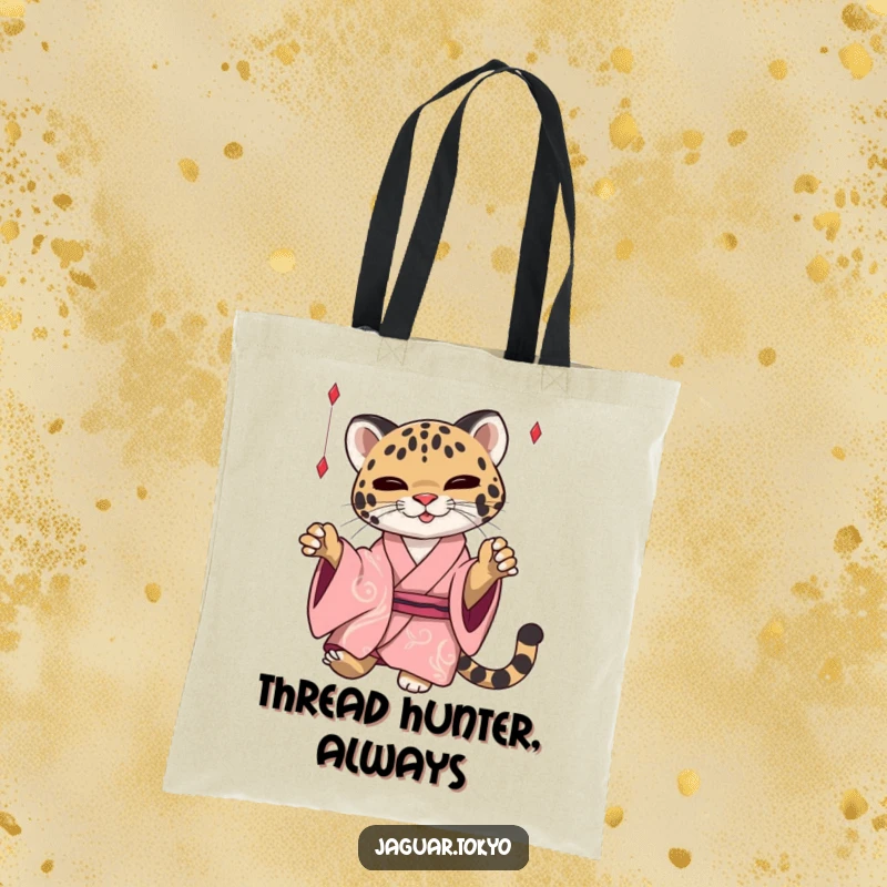 Funny Jaguar Tote Bag, a sleek jaguar in a kimono playfully batting at threads, perfect for everyday use with a touch of humor.