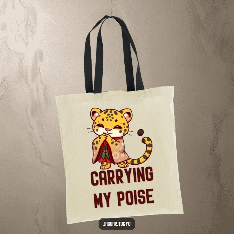 Funny Jaguar Tote Bag, a proud jaguar in a bold kimono performs a graceful bow, ideal for carrying items with style and humor.