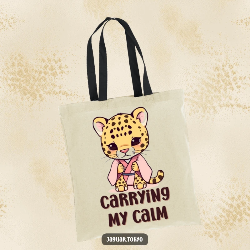 Funny shy jaguar in a pastel kimono, featured on a durable tote bag. Gentle gaze and shy personality.