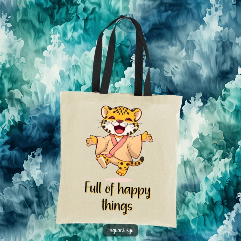 Vibrant Tote Bag showcasing a playful jaguar in a colorful kimono, jumping with glee, ideal for carrying items with lively energy.